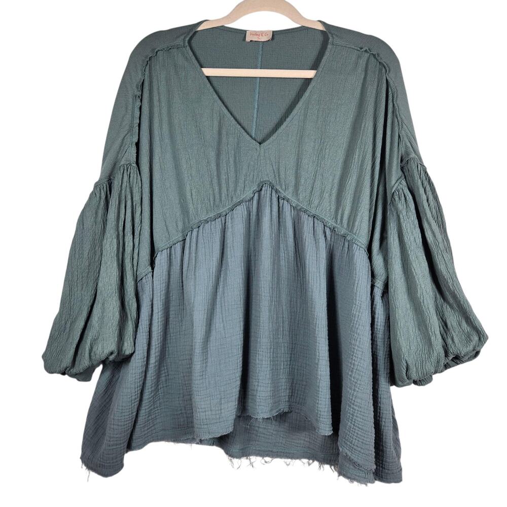 Hailey & Co Boho Peasant Top Womens M Blue Green V Neck Balloon Sleeve Tunic